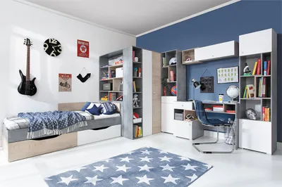 Produktbild von Jugendzimmer Set 6-teilig SEATTLE-133 mit Jugendbett 120x200cm in Beton weiß Eiche