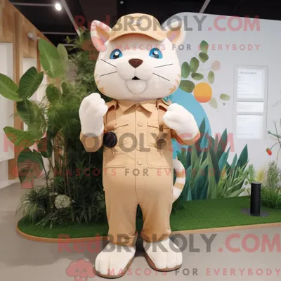 Produktbild von Maskottchen REDBROKOLY einer beigen Katze mit Latzhose und Digitaluhr