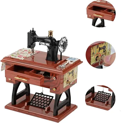 Produktbild von Nähmaschinen Spieluhr im Vintage-Stil,Mechanische Musikbox mit Aufziehwerk, Bewegliches Nähmaschinenmodell, Dekorative Geschenkidee