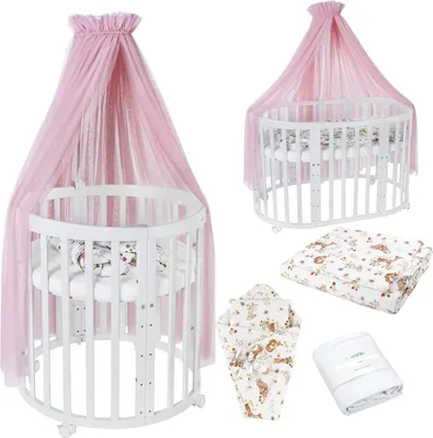 Produktbild von Mobiles Babybett OWAL aus Holz 7in1 mit Matratze, mitwachsend,Stoffe Rosa Tiere,Holz weiß