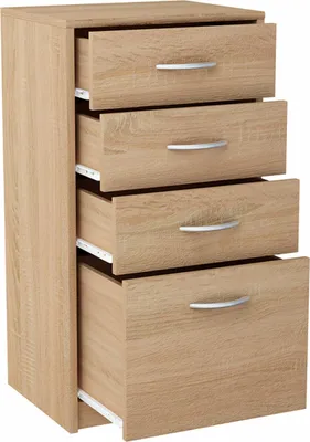 A tall, narrow chest of drawers with four drawers, three of which are partially open, showing metal drawer slides. The furniture has a light wood grain finish and silver handles.