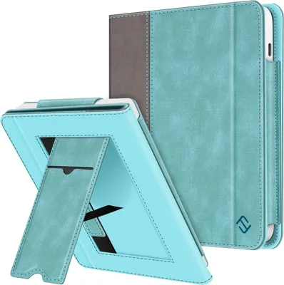 Produktbild von Fintie Hülle kompatibel für Tolino Vision 6 (2021) / Kobo Libra 2 (2021) - Kickstand Schutzhülle mit Kartenfach Handschlaufe und Auto Sleep/Wake Funktion, Jeansoptik Türkis