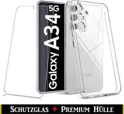 A clear phone case and screen protector are displayed next to a Samsung Galaxy A34 5G phone.