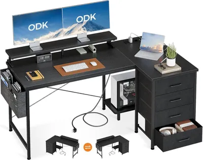 Obrázok produktu pre Stôl ODK v tvare L s nabíjacím portom USB a zásuvkou, čierny 140x80 cm