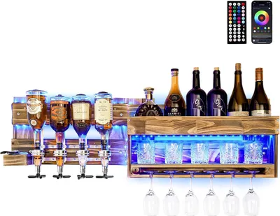 Image de Étagère à vin vintage en bois de palette, avec finition flambée : bar mural avec 4 distributeurs de boissons