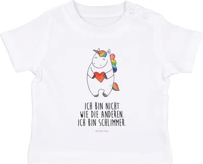 Produktbild von Mr. & Mrs. Panda Babyshirt Einhorn Herz 0. - 6. Monat - Weiß - Geschenk, Anders, Kinder Top, Kleinkind Shirt, Unicorn, Öko Baby T-Shirt, Einhörner, , Oberteil, Lustig