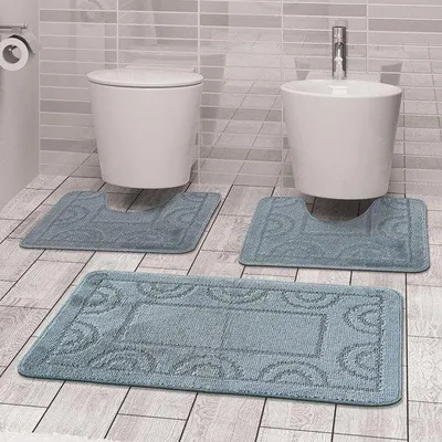 Produktbild von Unyqoos® 3‑teiliges Badematten-Set – runde & rechteckige Badmatten 50×80 cm + 2×50×40 cm, Grau, Polypropylen, rutschfeste Latexunterseite