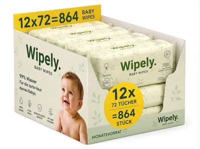 Produktbild von Wipely Baby Feuchttücher Sensitive 12er Set (864 Stück) 99% Wasser, Ohne Parfum & Alkohol, getestet, Biologisch abbaubar, recycelbar