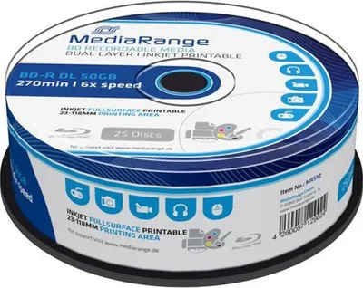 Zdjęcie produktu dla MediaRange MR510, 50 GB, BD-R DL, Pudełko CD/DVD cakebox, 25 szt.