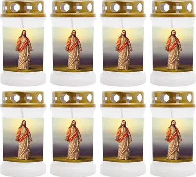 Produktbild von Grabkerze Weiß 8er Pack, Brenndauer: 40 Stunden ( je Kerze ), Motiv: Jesus