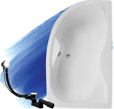 A white corner bathtub with a black drain assembly and a blue watercolor-like splash effect behind it.