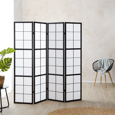 Produktbild von Homestyle4u Paravent Raumteiler 4-teilig Holz Schwarz Reispapier Weiß Höhe 175 cm