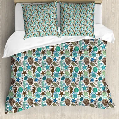 Produktbild von ABAKUHAUS Sea Shells Bettbezug, Abstrakt Maritime, Milbensicher Allergiker geeignet mit Kissenbezügen, 200 cm x 200 cm - 80 x 80 cm, Seafoam Braun Blau
