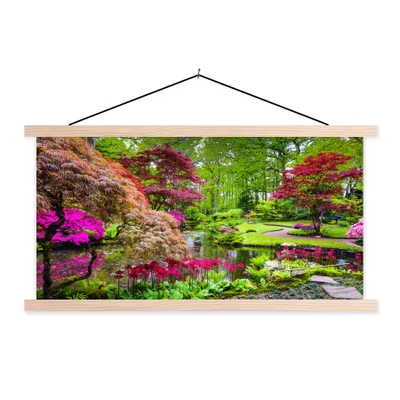 Produktbild von MuchoWow® Textilposter Bäume - Blumen - Japanisch - Natur - Wasser 120x60 cm mit holzfarbenen Rahmen - Klemmleiste