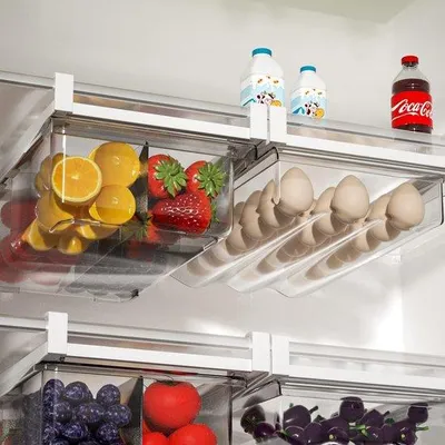 Obrázek produktu pro Sada dvou organizérů do lednice Unyqoos®: průhledná zásuvka (18,7 x 10,7 x 3,7 inch) a držák na vejce (20,8 x 10,7 x 3,3 inch), vyrobené z PET/ABS, bez BPA, pojme 18 vajec, vhodné pro skleněné police o tloušťce menší než 0,6 inch (montážní rám 11,8–16,5 inch)