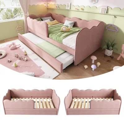 Imagen del producto de Cama tapizada de 90x190 cm, sofá cama de día con cama extraíble de 90x190 cm, cama infantil con somier, tapizada en terciopelo color rosa, sin colchón, ideal para espacios pequeños