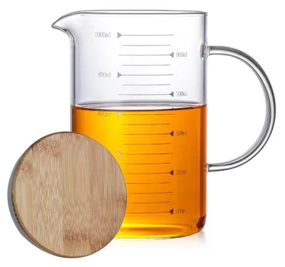 Image de Verre doseur de 1000 ml avec couvercle en bambou, résistant à la chaleur jusqu'à 150°C