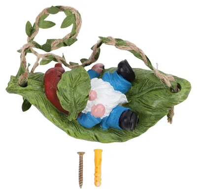 Image de Nain de jardin sur hamac en forme de feuille, statue en résine, décor de jardin extérieur, ornement pour jardin féerique