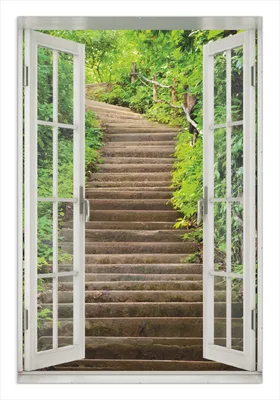 Produktbild von Wallario Wandbild mit Fenster-Illusion: Steintreppe im Wald, Größe: 61 x 91,5 cm, Poster mit rahmenlosen Bildhalter