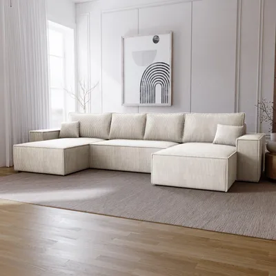 Obrázok produktu pre Rohová pohovka v tvare U s funkciou spania Bergamo - rohová pohovka 375 cm s lôžkovou časťou, manšestrová látka, béžová (Poso 105)