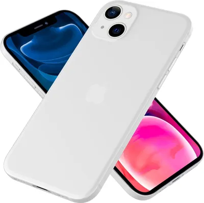 A white iPhone 13 Mini case is shown diagonally with two other iPhones in the background.