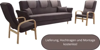 Produktbild von Couch plus zwei Sessel BOSTON Sofa mit Schlaffunktion Bettkasten, zwei Kissen - Satz: 3 + 1 +1, verschiedene Farben - Dunkelgrau