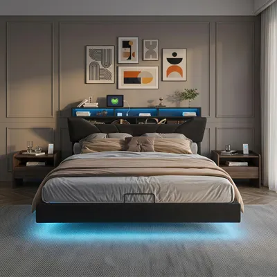 Produktbild von INONEFT Polsterbett 140x200cm mit Ladestation, Jugendbett Doppelbett mit LED und Stauraumkopfteil, Schwebebett Funktionsbett, PU, Schwarz