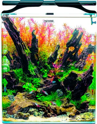 Produktbild von Aquarium OptiBent 70 schwarz, ca. 68 l mit LED Beleuchtung, Heizer, Innenfilter und Unterlage, Weißglas Nanoaquarium