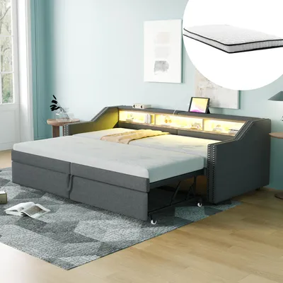 Obrázek produktu pro MODFU Rozkládací pohovka denní postel 90/180x200,čalouněná denní postel dětská postel s multifunkčním úložným prostorem,LED osvětlení a USB port,tmavě šedá(se dvěma matracemi)