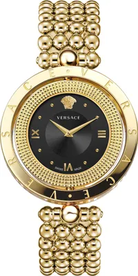 A studio shot of a gold and black Versace women's watch.