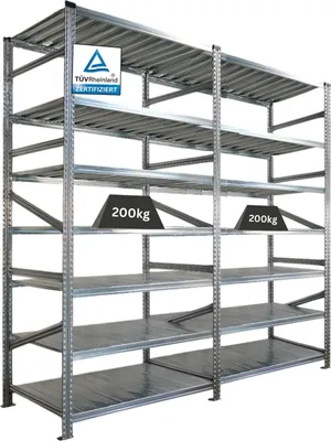 Produktbild von Fachbodenregal PROXIMO mit Stecksystem | Komplettregal | HxBxT 250x240x60cm | 7 Ebenen | Beidseitig nutzbar | Verzinkt