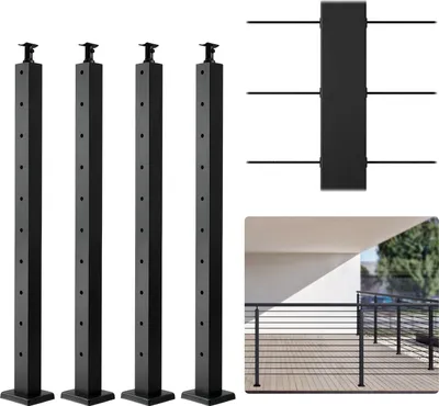 Image de Lot de 4 poteaux de garde-corps à câbles VEVOR, 91 x 5 x 5 cm, trous horizontaux, poteaux de garde-corps de pont, 10 trous pré-percés, poteaux en acier inoxydable SUS304 avec support horizontal et courbé, noir