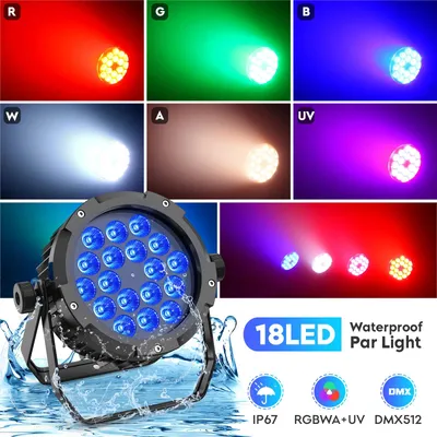 Produktbild von IP67-wasserdichte PAR-Scheinwerfer - DMX-Bühnenlicht - 2er-Pack - 18 x 10 W RGBW+UV-LEDs - 180 W - EU-Stecker