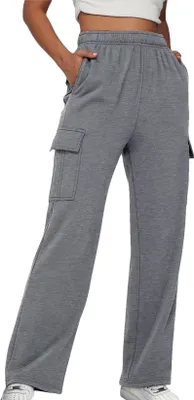 Produktbild von ASKSA Damen Jogginghose Cargohos Waist Freizeithose Weitem Bein Sporthose mit Taschen, Dunkelgrau, M
