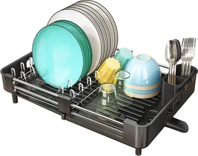 Image de Étagère de séchage extensible Unyqoos® de 33,5 à 50 cm – Acier inoxydable et polypropylène, avec égouttoir, porte-couverts et porte-gobelets, organisateur de vaisselle pour plan de travail (noir)