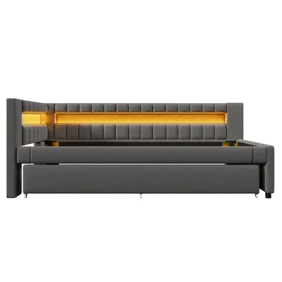 Produktbild von Merax Tagesbett Daybett 90x200 cm, mit Ausziehbett 90x190 cm, LED, USB und Type-C, Schlafsofa, Schlafsofa, Grau