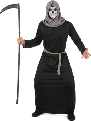 A person wearing a grim reaper costume holding a scythe.