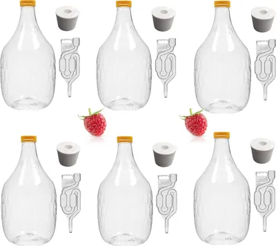 Produktbild von 6X 5L Weinflasche Weinballon aus Kunstoff + Gummistopfen +Gährröhrchen - GÄRBALLON Ballonflasche Gallone Leere Flasche zum Befüllen Wasseraufbewahrung