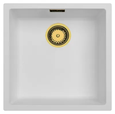 Productafbeelding van Keukenwastafel 40x40 cm, wit, onderbouwmodel, met afvoerplug in goudkleur, model Pure.Sink