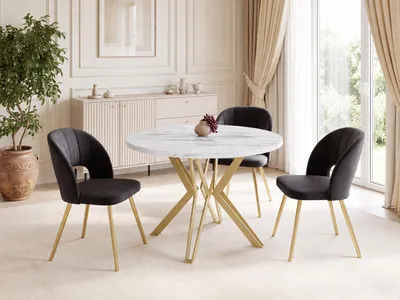 Produktbild von Runder Tisch in Weißer Marmoroptik für das Esszimmer - 100 oder 120 cm Durchmesser - Ausziehbarer Tisch mit Pulverbeschichteten Goldenenn Metallbeinen - Industriestil - 120 cm - Marmor Weiß
