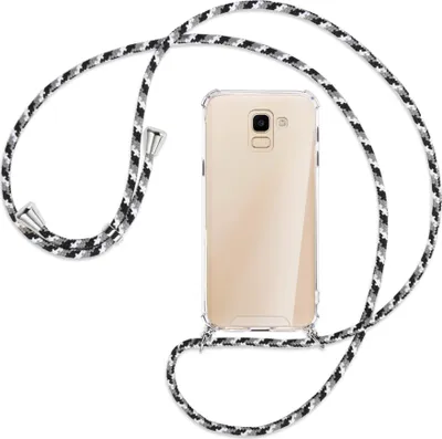 Produktbild von Handykette Backcover-Schutzhülle mit Band (Metall silberfarben) für Samsung Galaxy J6 2018 - schwarz/grau/weiß