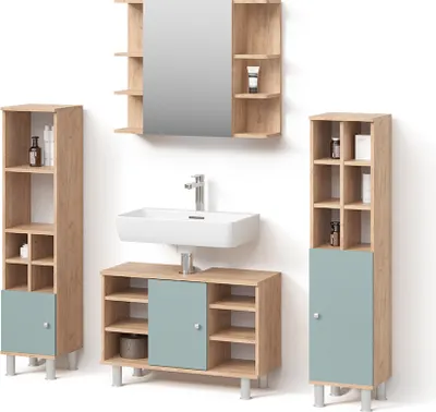 Image de Ensemble de meubles de salle de bain Livinity Fucino Vert 4 pièces, avec armoire haute, Model 52693