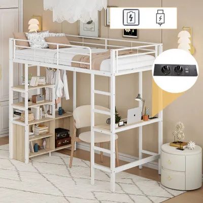 Produktbild von okwish Etagenbett Hochbett 90x200cm mit Rausfallschutz, Kinderbett Bettgestell mitSchreibtisch und USB-Steckdose, Jugendbett mit Mehrere Regale, Offener Lagerschrank, Weiß