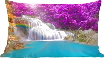 Produktbild von MuchoWow® Zierkissen Sofakissen Wohnzimmer Dekokissen 50x30 cm Wasserfall - Bäume - Regenbogen - Lila - Wohnzimmerdekoration - Polster mit Photo