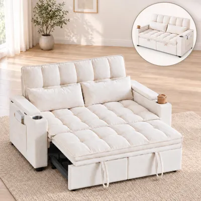Produktbild von Schlafsofa 3-in-1, 2-Sitzer mit Schlaffunktion, ausziehbare Schlafcouch mit Armlehnen-Stauraum, Getränkehaltern und Lendenkissen, Gästebett, Beige