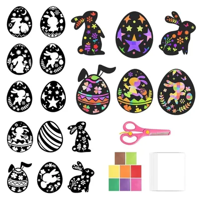 Immagine prodotto di Set per creare decorazioni per finestre a tema pasquale, composto da 12 pezzi, ideale per bambini, con motivi di uova di Pasqua e coniglietti