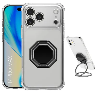 Image de Coque pour iPhone 17 Pro Max, Antichoc Transparent avec Support Octogonal Noir Réglable