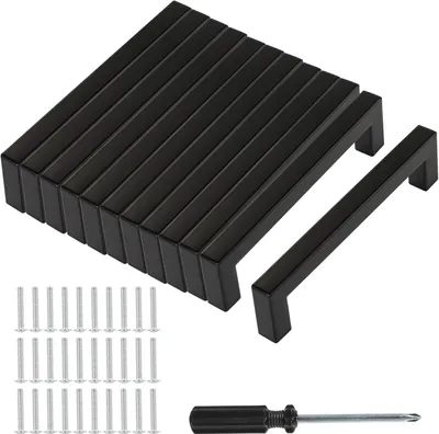 Produktbild von 12 Stück Türgriffe Küche Schwarz mit Lochabstand 128mm, Schrankgriffe mit Schrauben und Installationswerkzeugen, Geeignet für Möbel, Küche und Wohndekoration