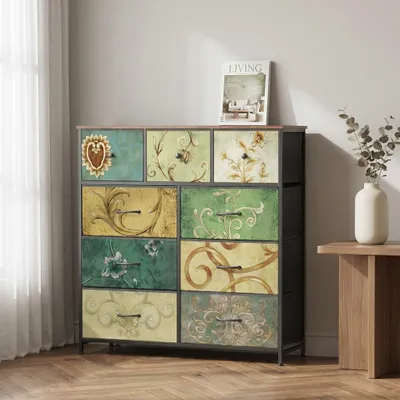 Produktbild von INONEFT Kommode mit 9 Schubladen aus Stoff, Metallrahmen Schubladenschrank, Kommodenschrank für Schlafzimmer, Wohnzimmer, Vintage-Blumenmotiv