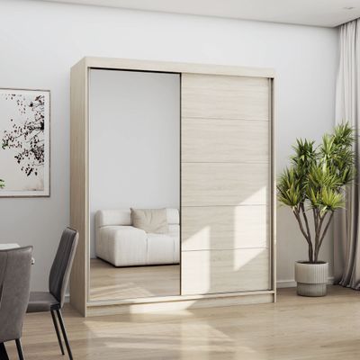Schwebetürenschrank Kleiderschrank Schrank 160 cm Sonoma Eiche/Sonoma Eiche mit Spiegel Bono 05
